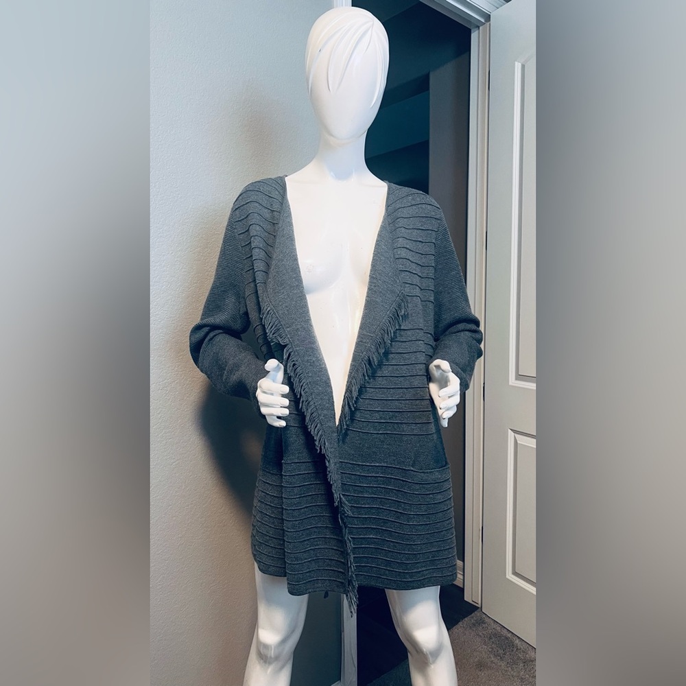 Talbots Charcoal Fringe Merino Wool Cardigan size L